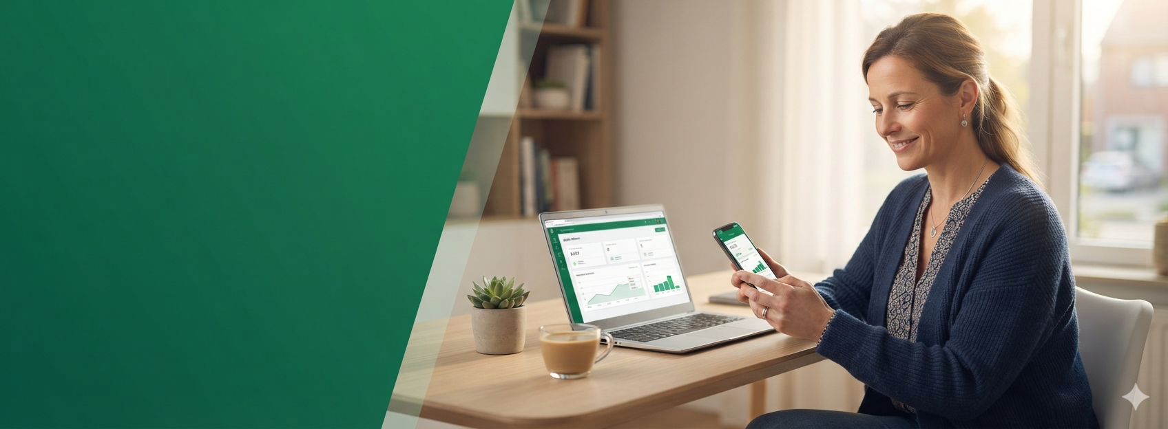De administratie-partner van een installatiebedrijf maakt vlot een offerte op gsm en laptop met het groene Vlotto-dashboard.